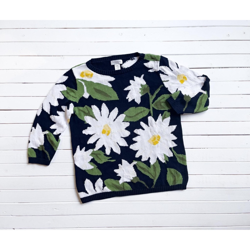 vtg Jones‎ New York navy blue white daisy floral cottagecore cotton sweater